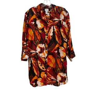 Chico's Linen Button Down Hawaiian Shirt Women's Size 3 Floral Orange Tunic